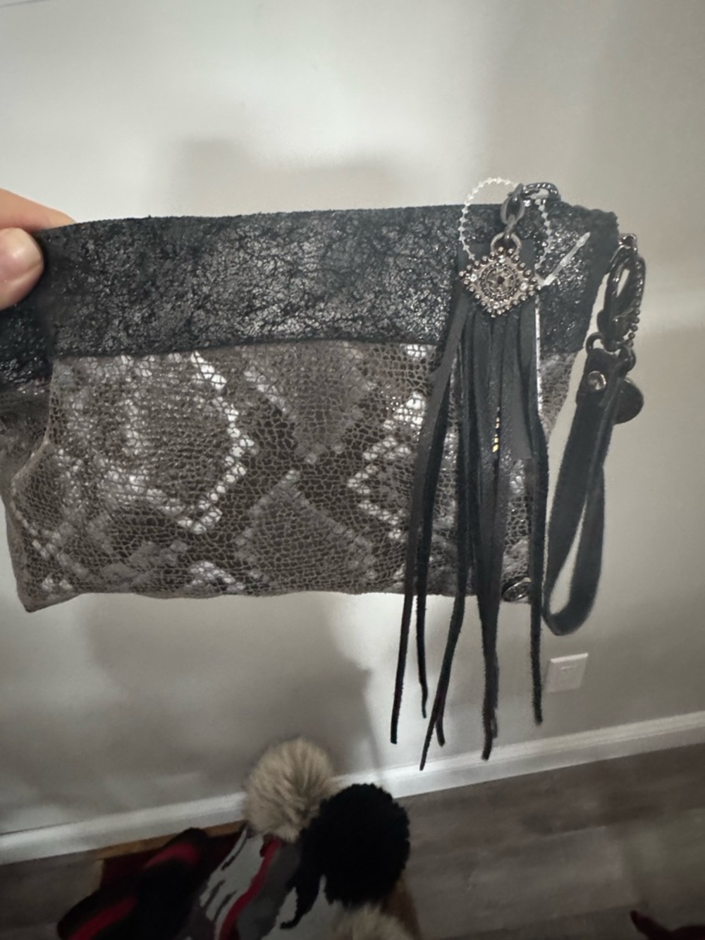 Stylish Black and Gray Snake-Print Wristlet Clutch